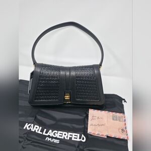 Karl Lagerfeld Paris Black Woven Leather Shoulder Bag Gold Clasp